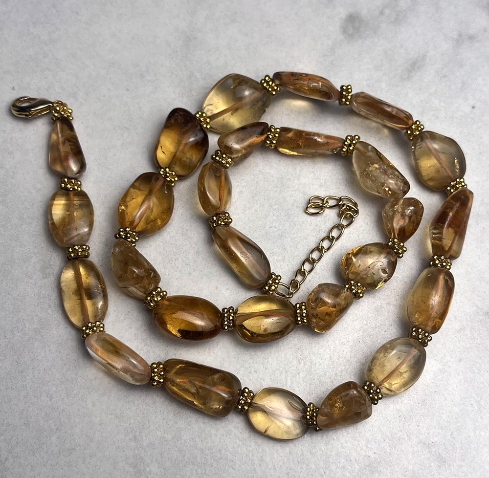 Citrine Quartz Nugget Bead Necklace Honey Amber Color Gold Tone Natural Gemstone